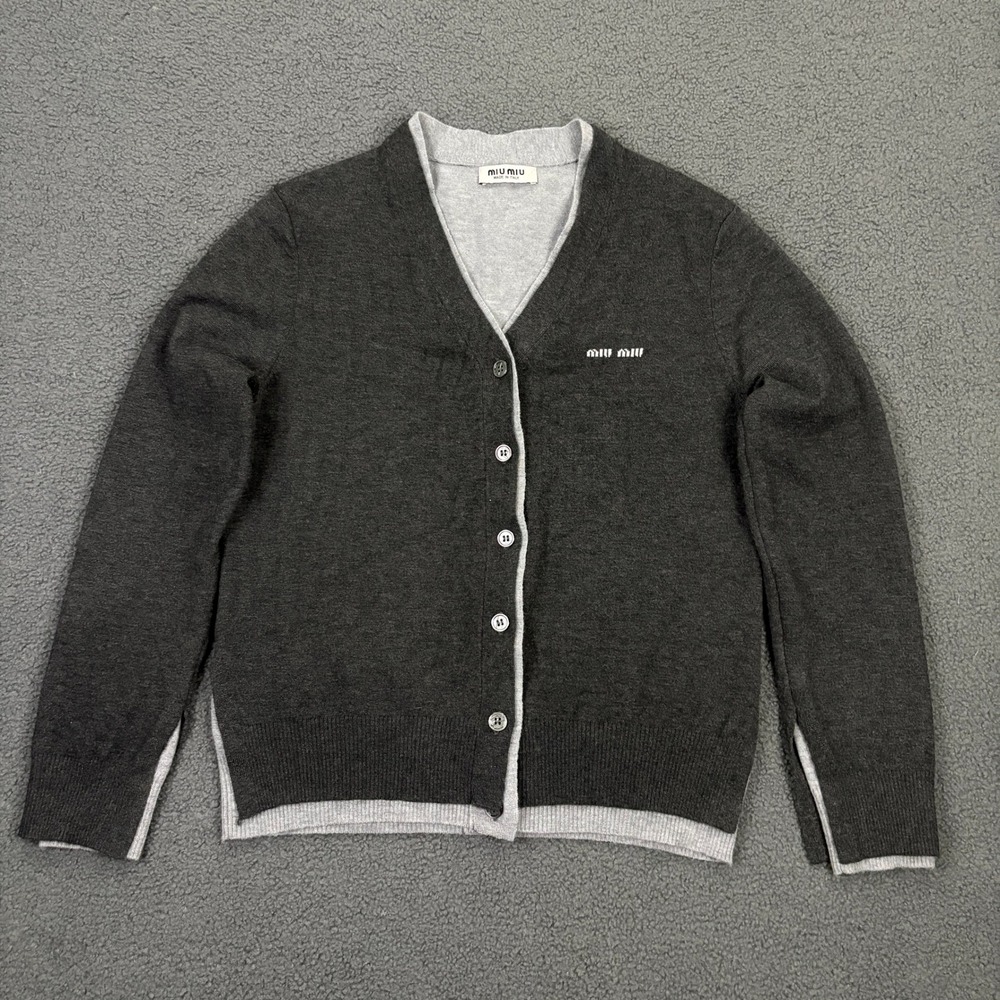 Miu Miu Cardigan Sweater Womens 36 Gray Wool Double Layered Soft Made in Italy